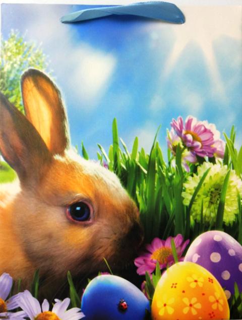 Geschenktüte Motiv Osterhase mit bunten Eiern