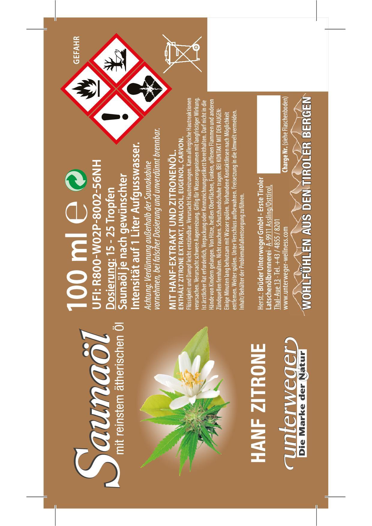 Produktbild unterweger Saunaöl Hanf-Zitrone 2 von 2