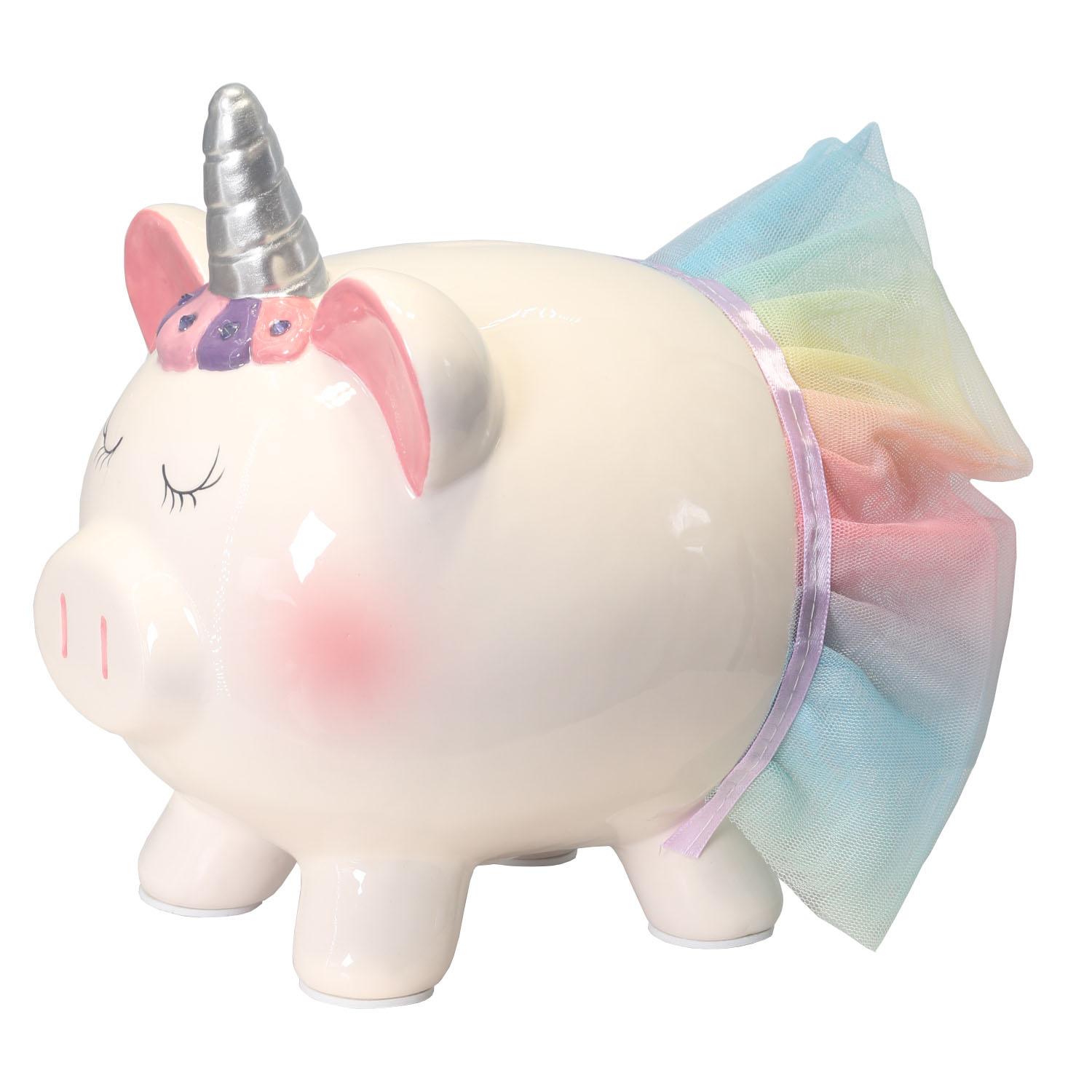 TRENDSHOP Sparschwein Ballerina mit Regenbogen-Rock