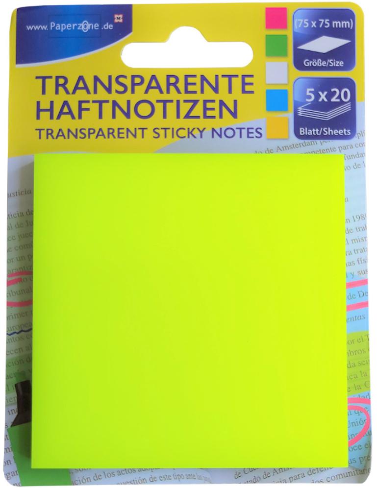 PAPERZONE Transparente Haftnotizen 5 Farben 7,5x7,5cm
