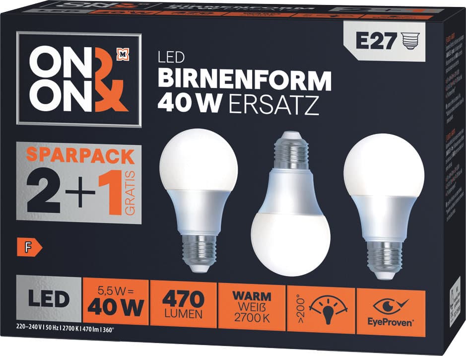 ON&ON LED-Lampe SMD Birne E27 40W 3er Pack