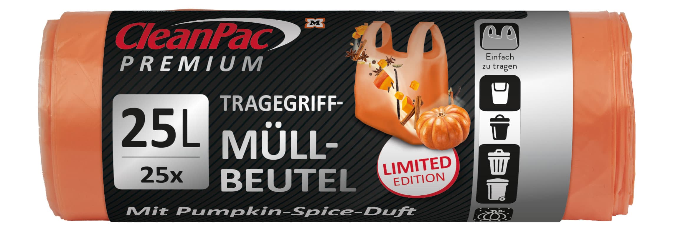 CleanPac Tragegriff-Müllbeutel mit Pumpkin-Spice-Duft 25 Liter