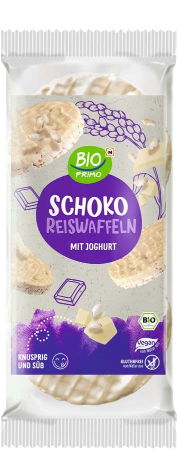 BIO PRIMO Bio Reiswaffeln mit weißer Schokolade und Magermilchjoghurtpulver