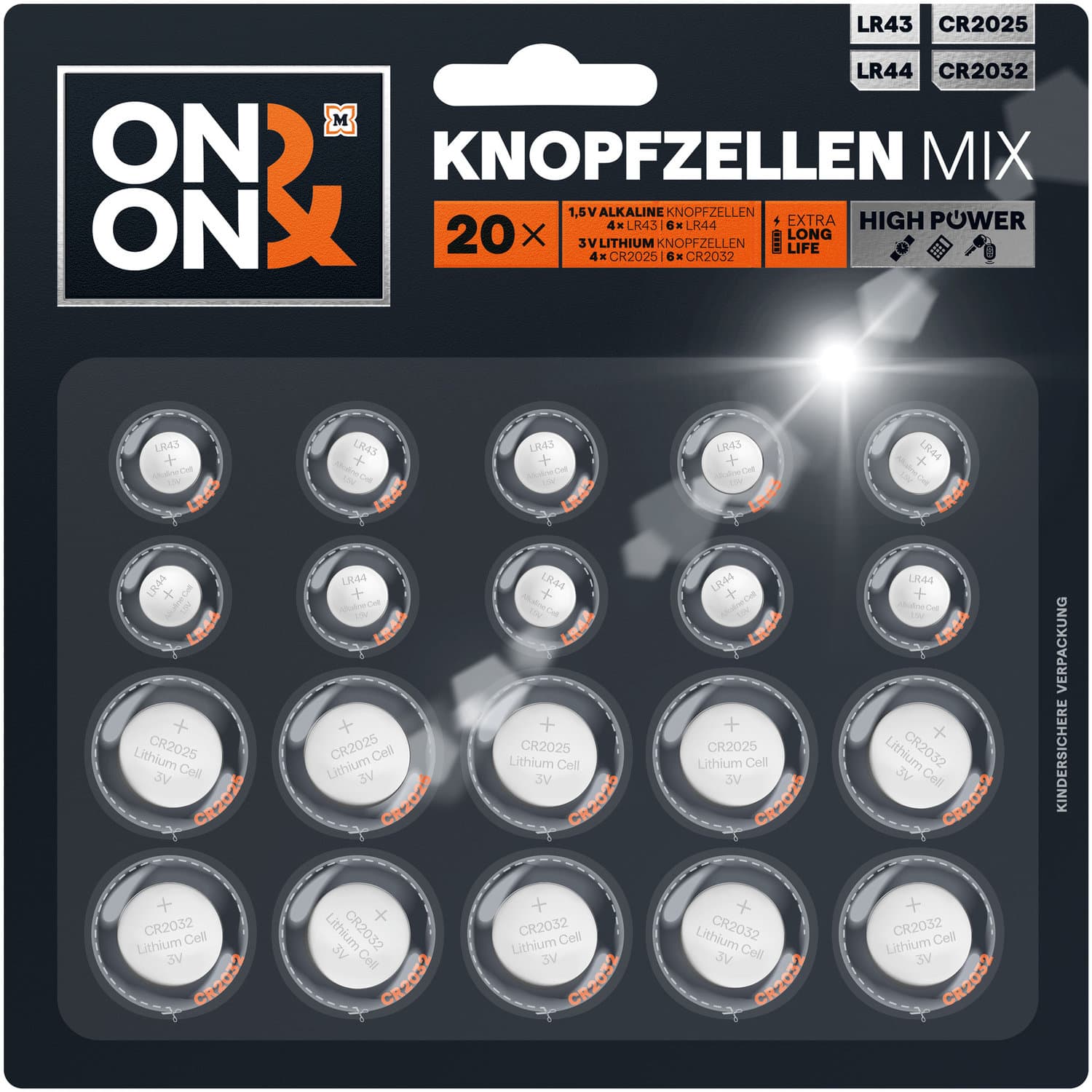ON&ON Knopfzelle Lithium Mixpack 1,5V + 3V 20er Pack