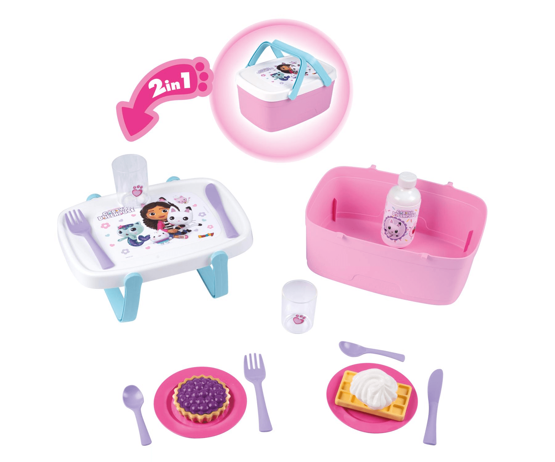 Smoby - Gabby’s Dollhouse 2‑in‑1 Picknickkorb – Beistelltisch & 14‑teiliges Zubehör