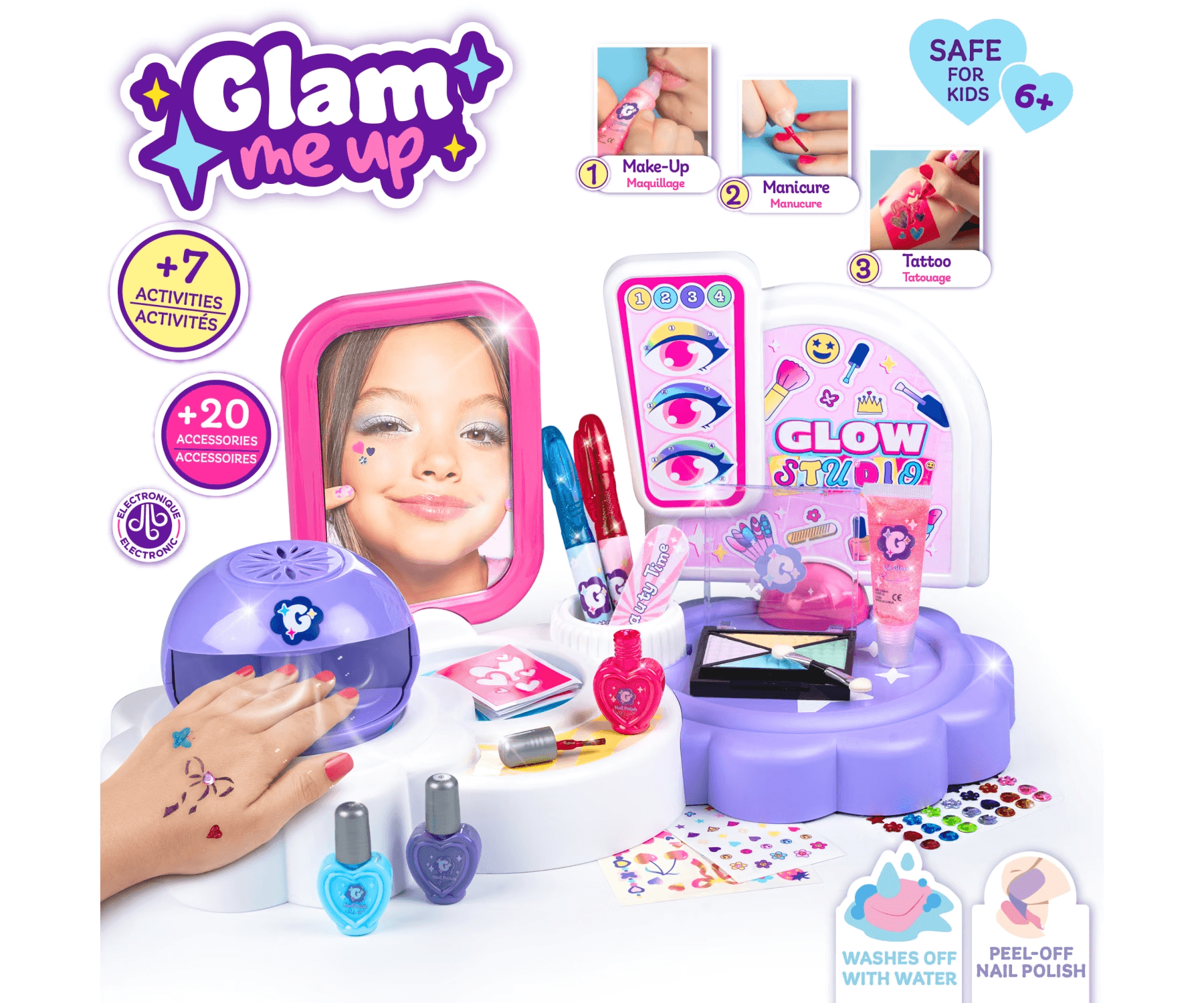 Smoby Glam Me Up Kinderkosmetik 3-in-1 Glow Station mit Nageltrockner, Make-up und Tattoos