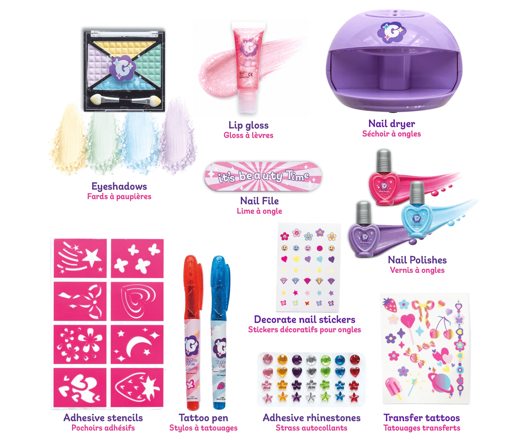 Smoby Glam Me Up Kinderkosmetik 3-in-1 Glow Station mit Nageltrockner, Make-up und Tattoos