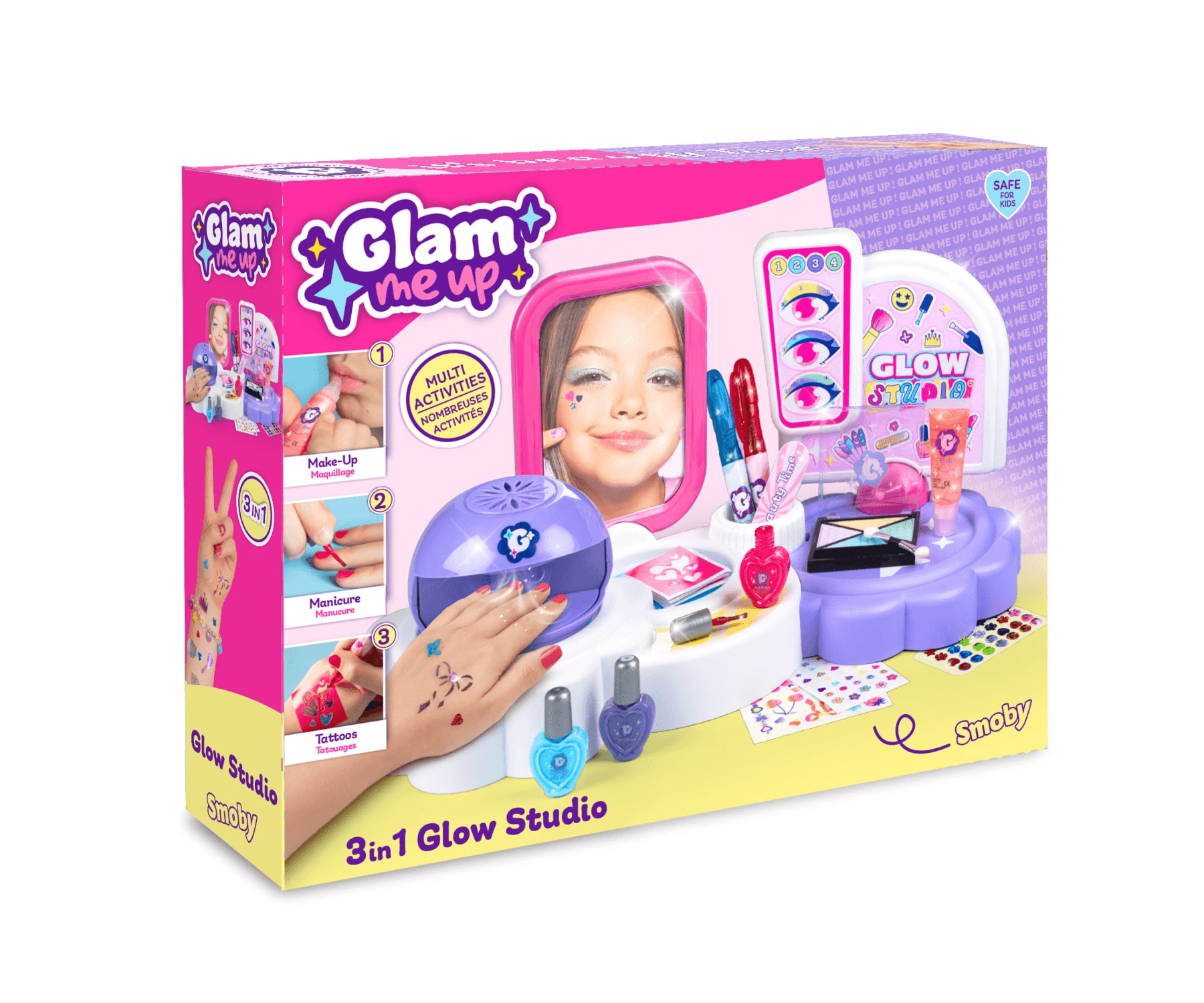 Smoby Glam Me Up Kinderkosmetik 3-in-1 Glow Station mit Nageltrockner, Make-up und Tattoos