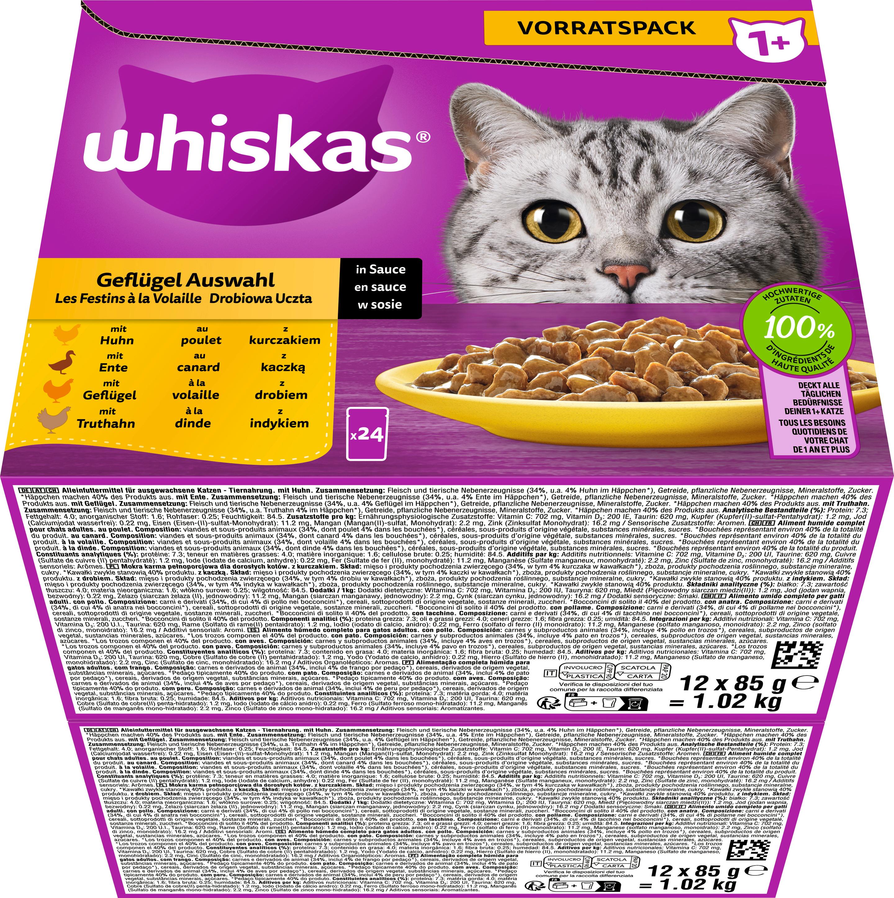 Produktbild Whiskas® Portionsbeutel Vorratspack 1+ Geflügel Auswahl in Sauce Katzennassfutter 24x85g 3 von 4