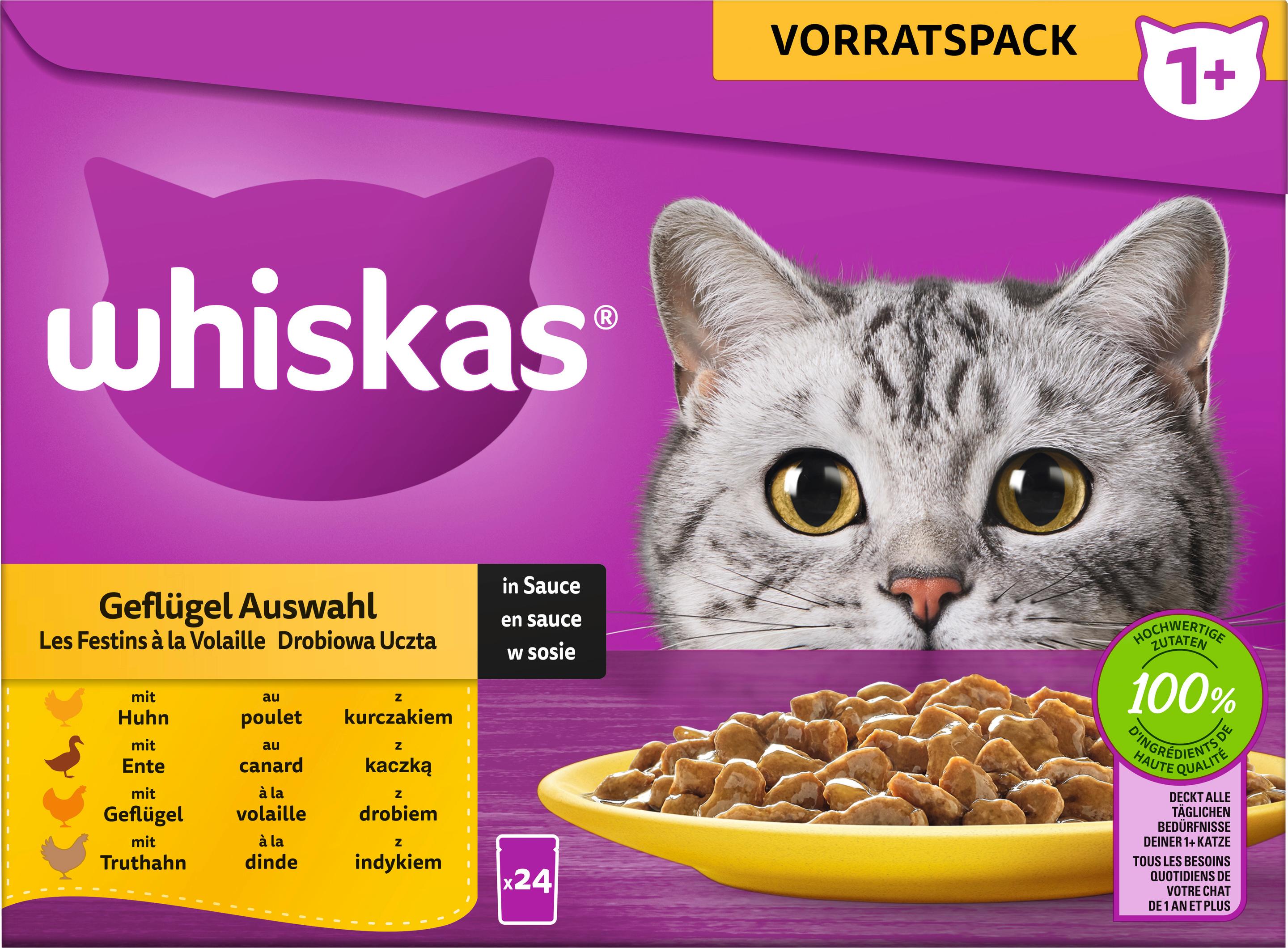 Whiskas® Portionsbeutel Vorratspack 1+ Geflügel Auswahl in Sauce Katzennassfutter 24x85g