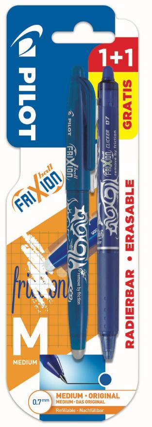 PILOT Tintenroller FriXion Ball + Clicker 0.7 (M) Blau 2er Blister