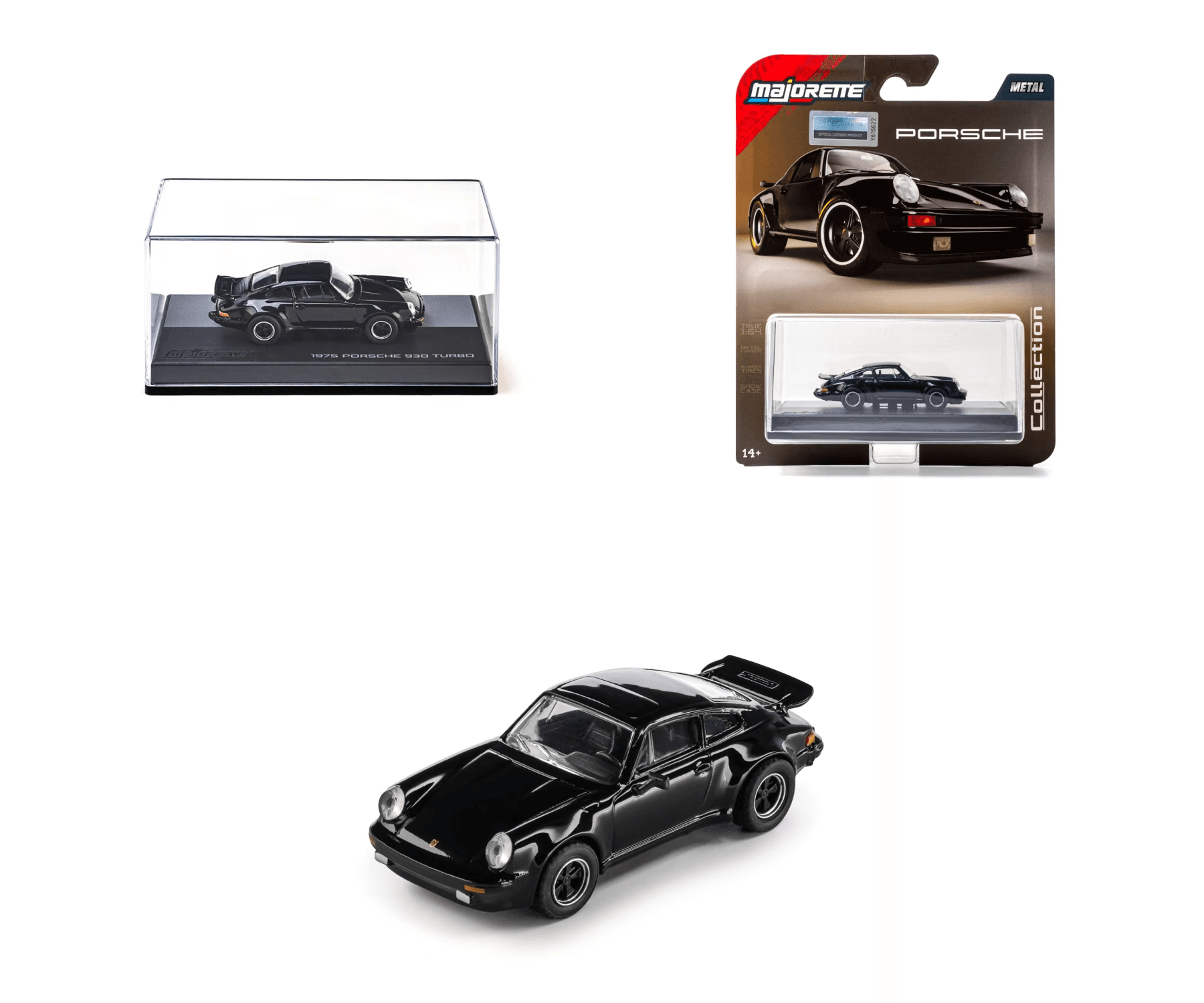 Majorette Collection 1975 Porsche 911 (930) Turbo schwarz, Modellauto 1:64 mit Vitrine