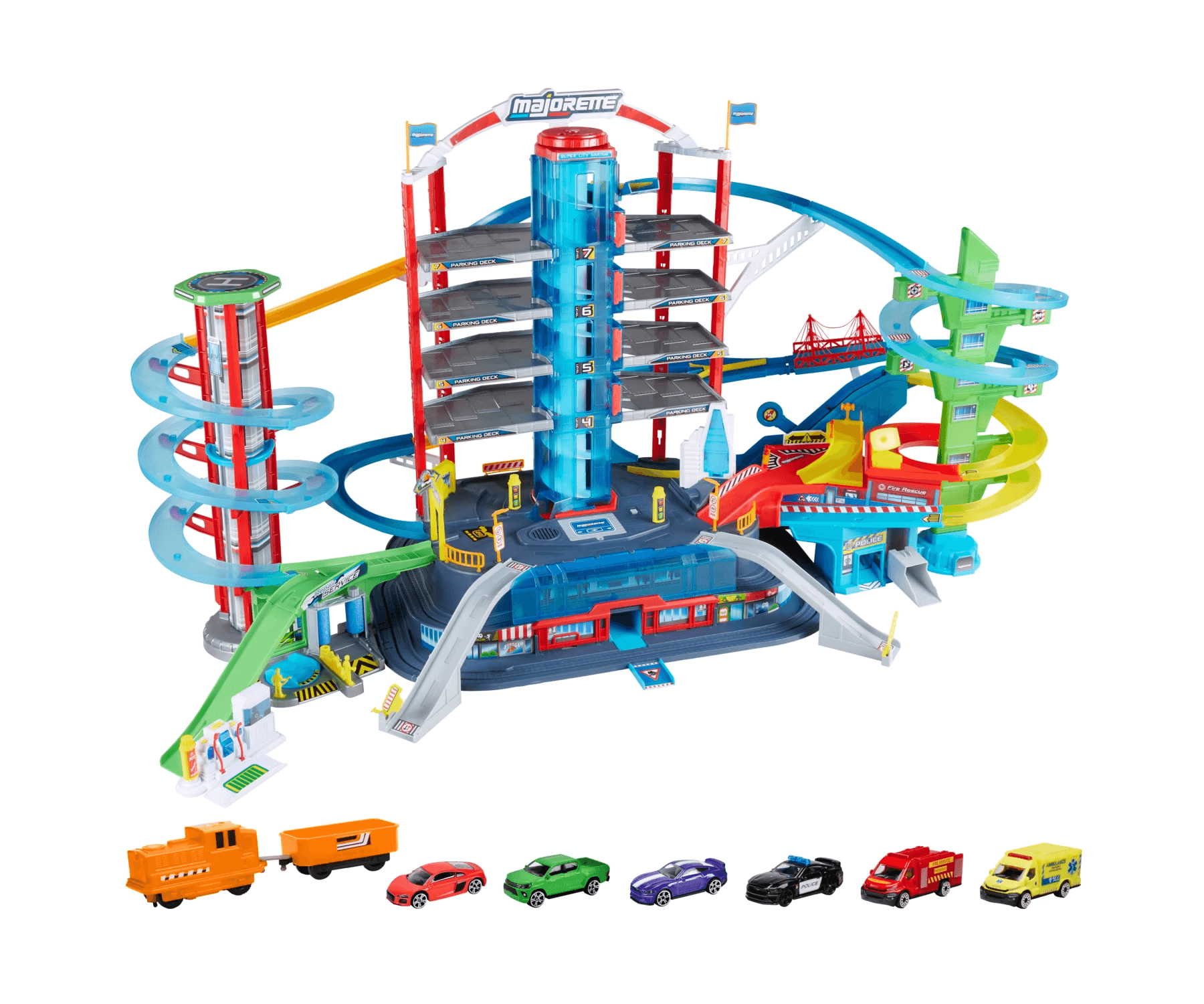 Majorette Super City Garage Parkhaus mit 6 Metallautos, Zug, Licht und Sound