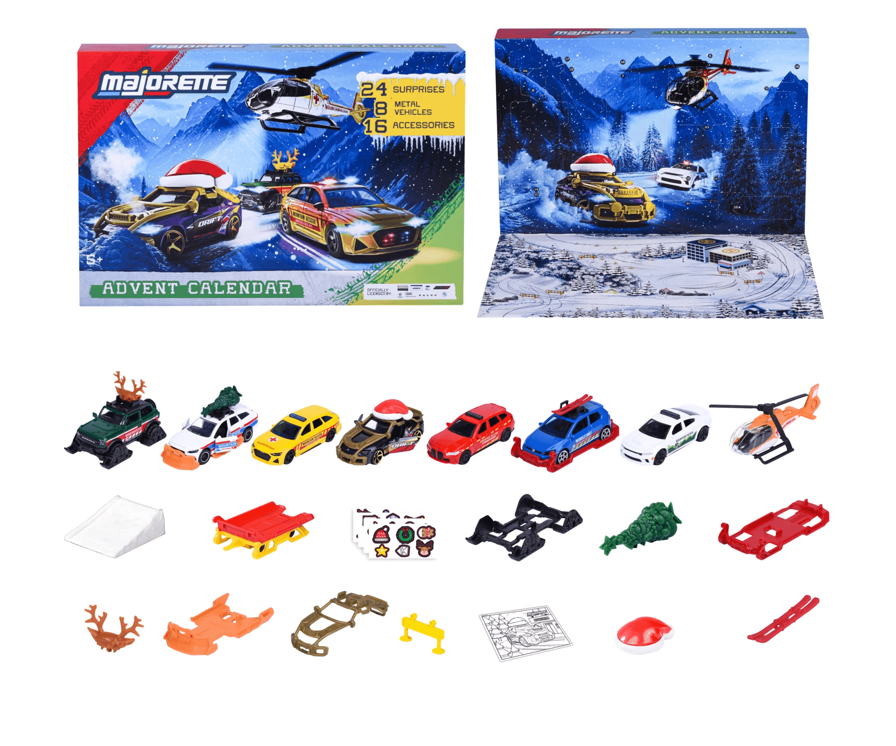 Majorette Adventskalender Mountain Rescue mit 8 Metallfahrzeugen und 16 Zubehörteilen