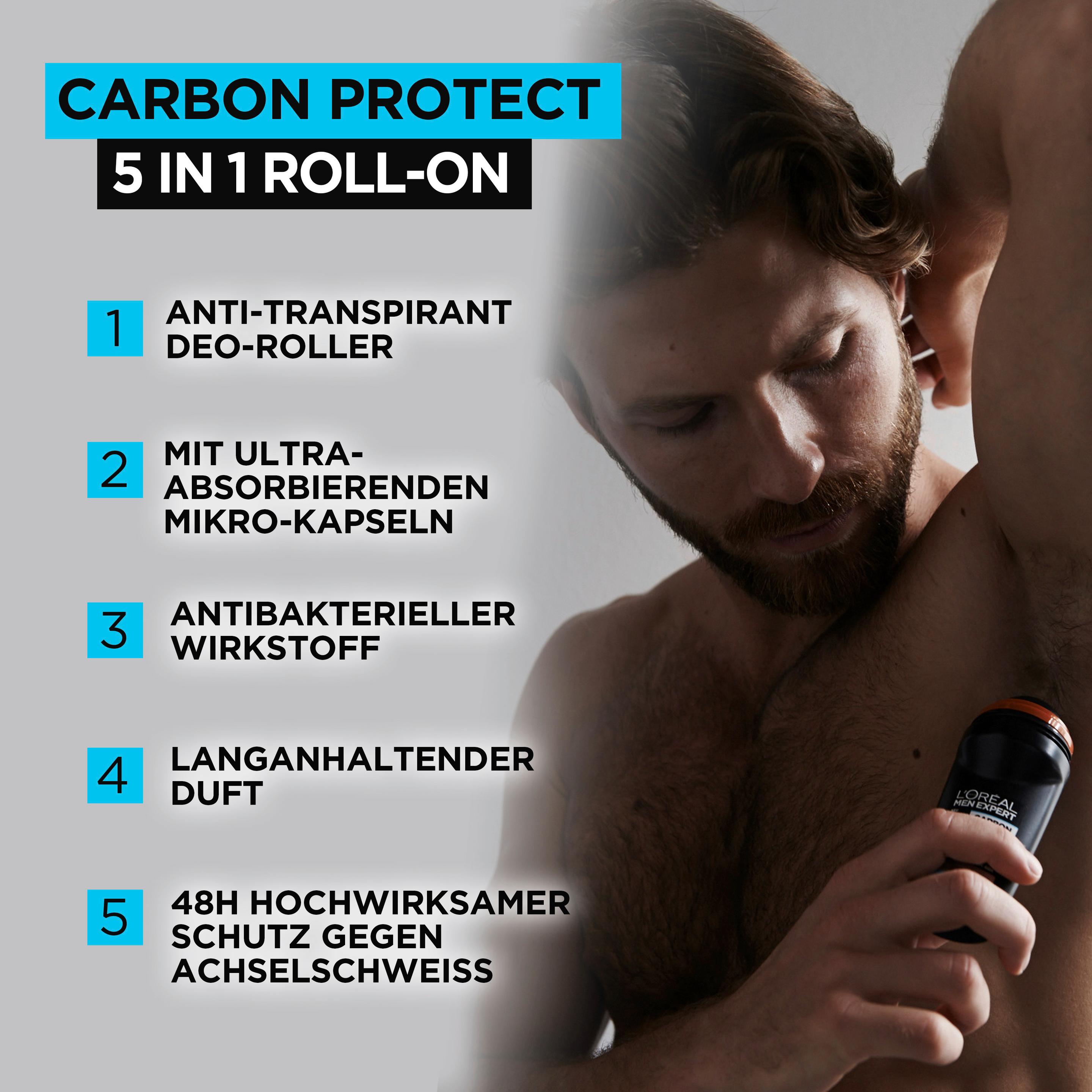 Produktbild L'Oréal Paris Deo Roll-on Carbon Protect für Männer - 5 in 1 Deodorant 48h Schutz vor Schweiß: Frische&Kontrolle 4 von 5