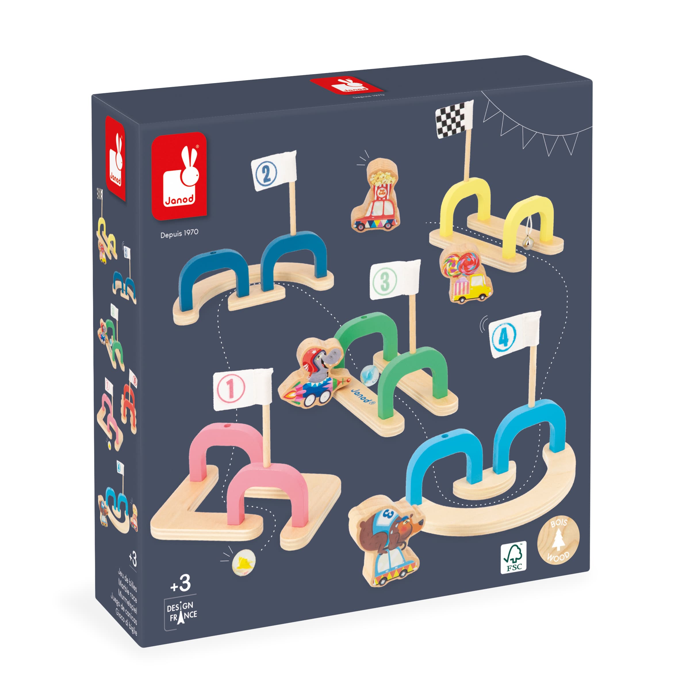 JANOD Applepop Murmelbahn-Spiel aus Holz mit Glocke für 2 bis 4 Spieler ab 3 Jahren