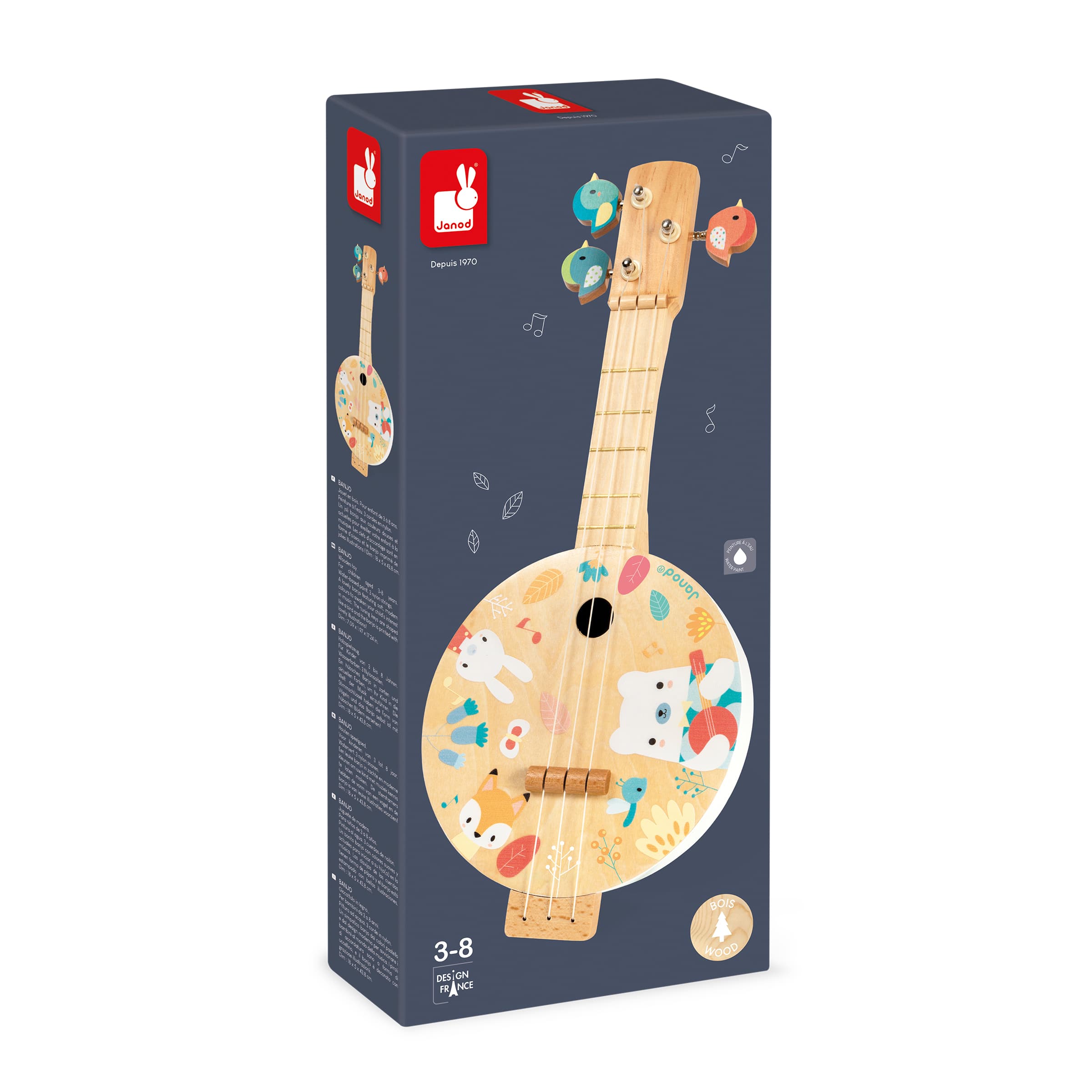JANOD Pure Banjo Kinderinstrument aus Holz mit 3 Ersatzsaiten ab 3 Jahren