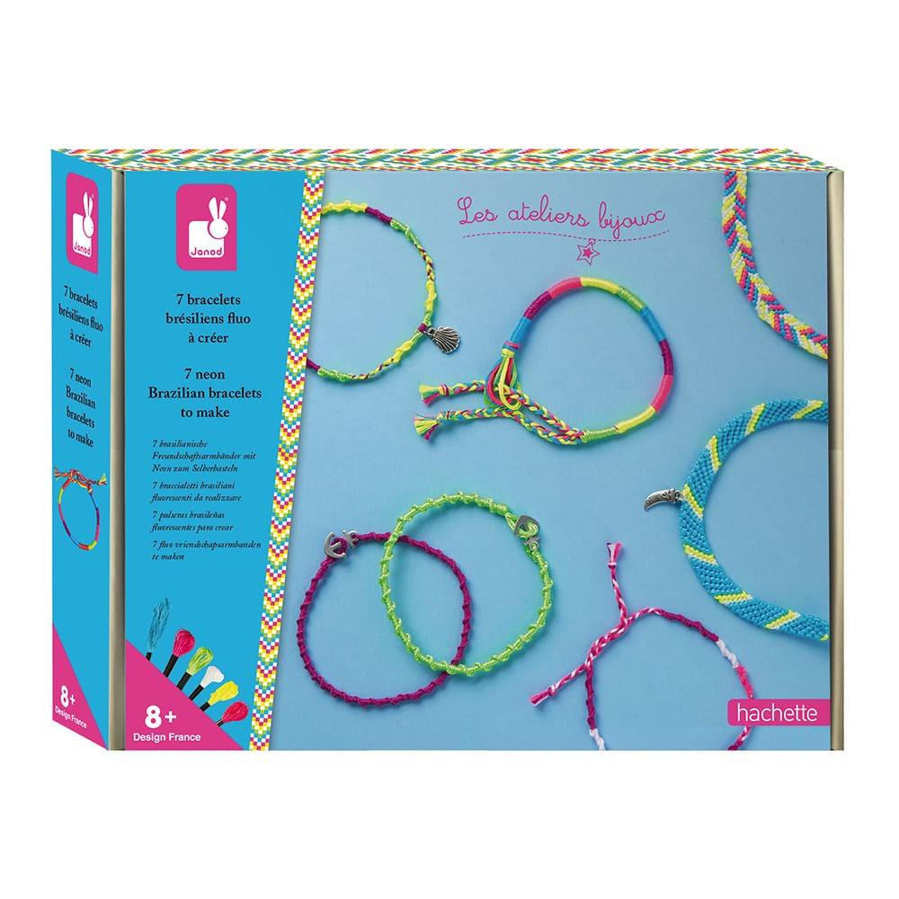 Janod - Kreativ-Set - 7 brasilianische Armbänder in Neonfarben zum Basteln