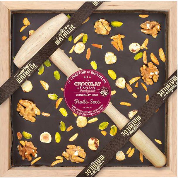 Le Comptoir de Mathilde schwarze Schokoladentafel mit Holzhammer