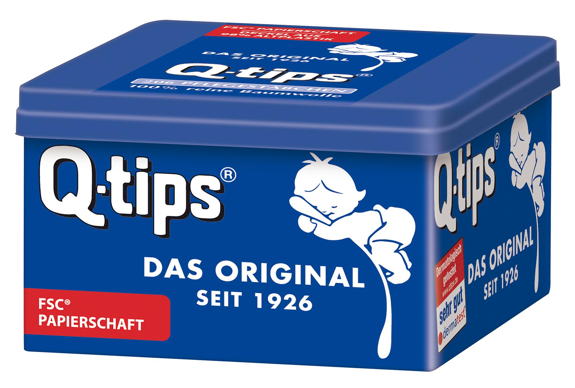 Q-tips® Pflegestäbchen mit Papierschaft, Würfelbox, 206 Stück