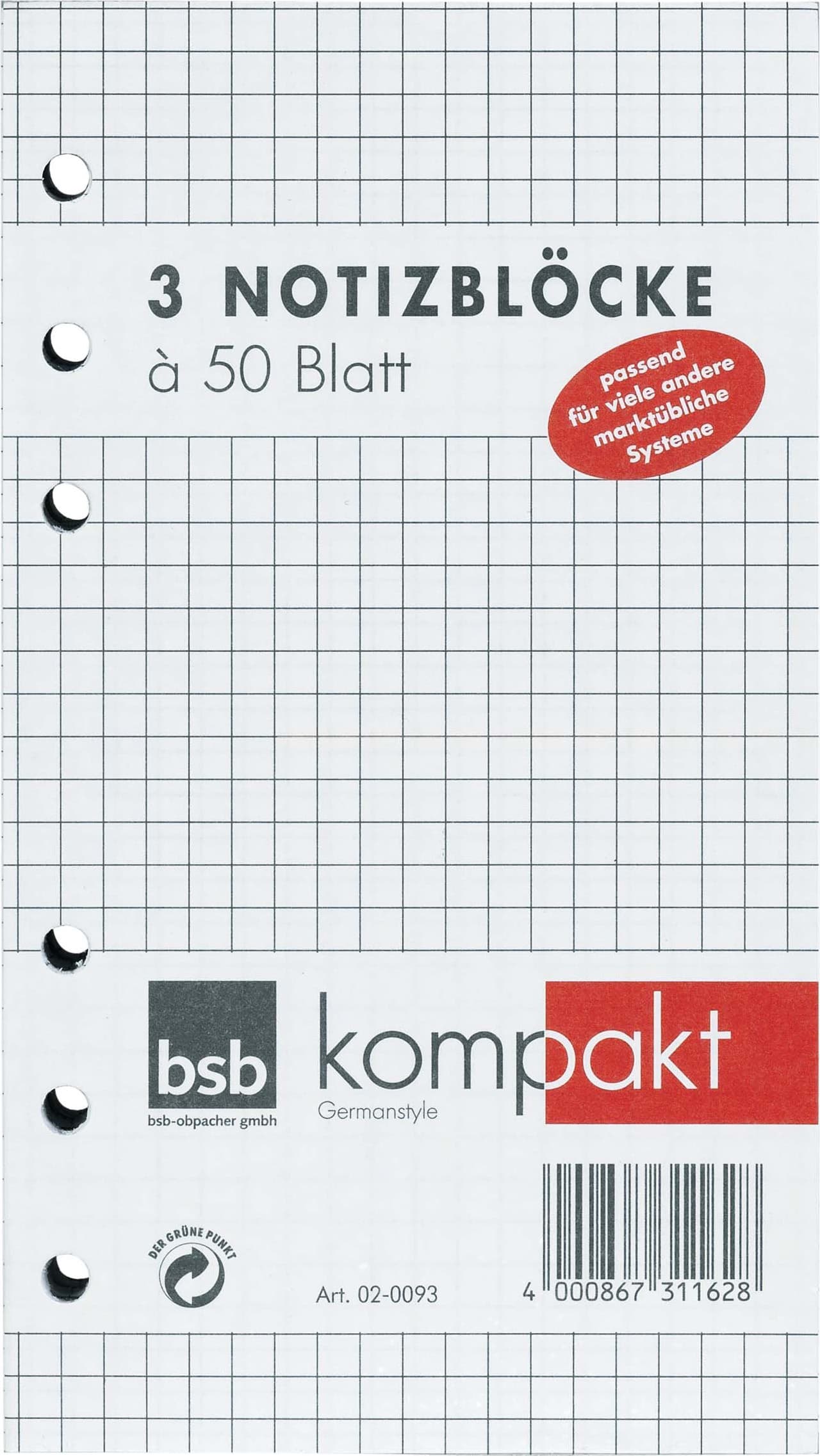 bsb Timereinlagen Kompakt Notizen kariert 3er-Set A6