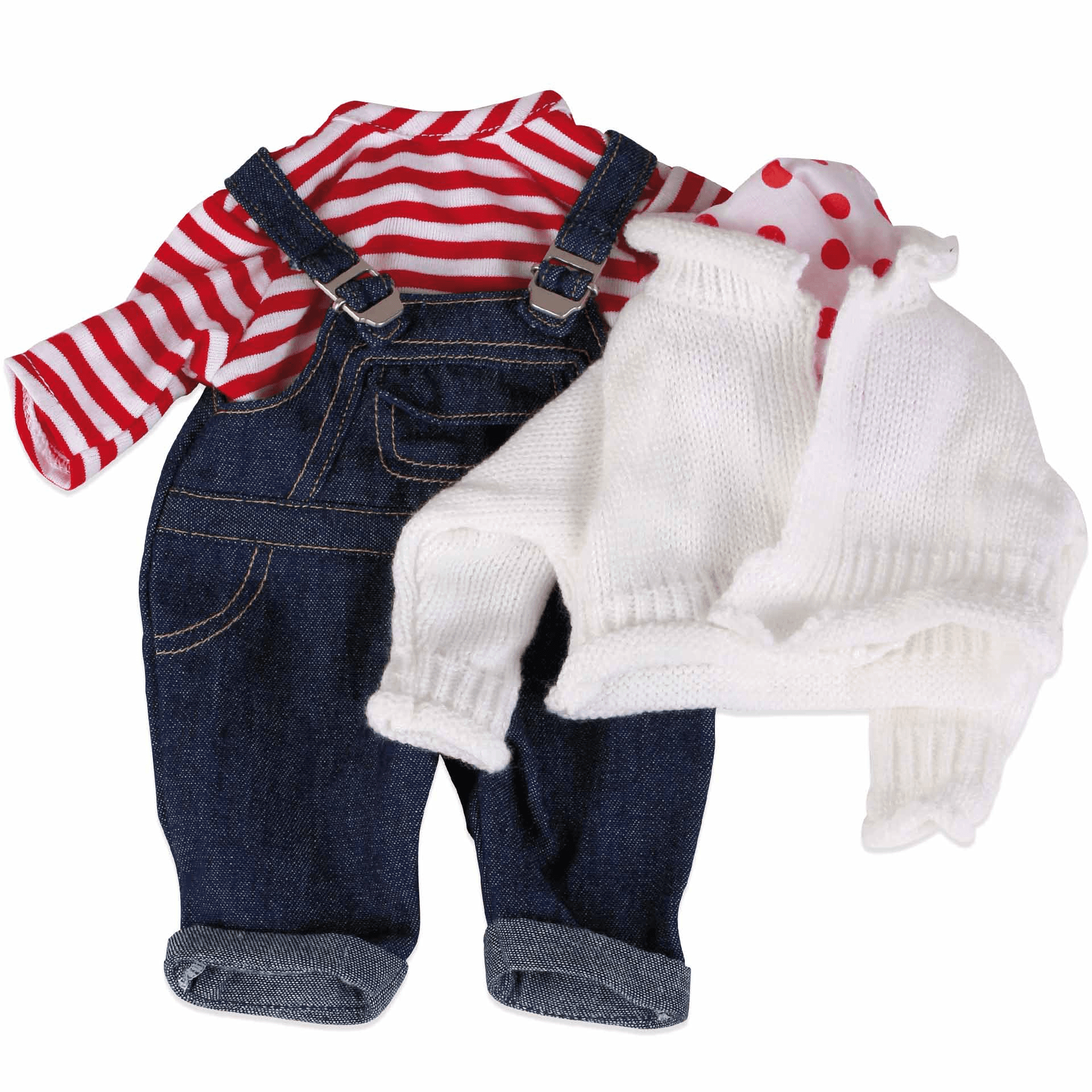 Götz - Latzhosenset „Matrose“, 4‑teilig, für Babypuppen Größe M (42–46 cm), inkl. Strickjacke, Shirt, Latzhose &