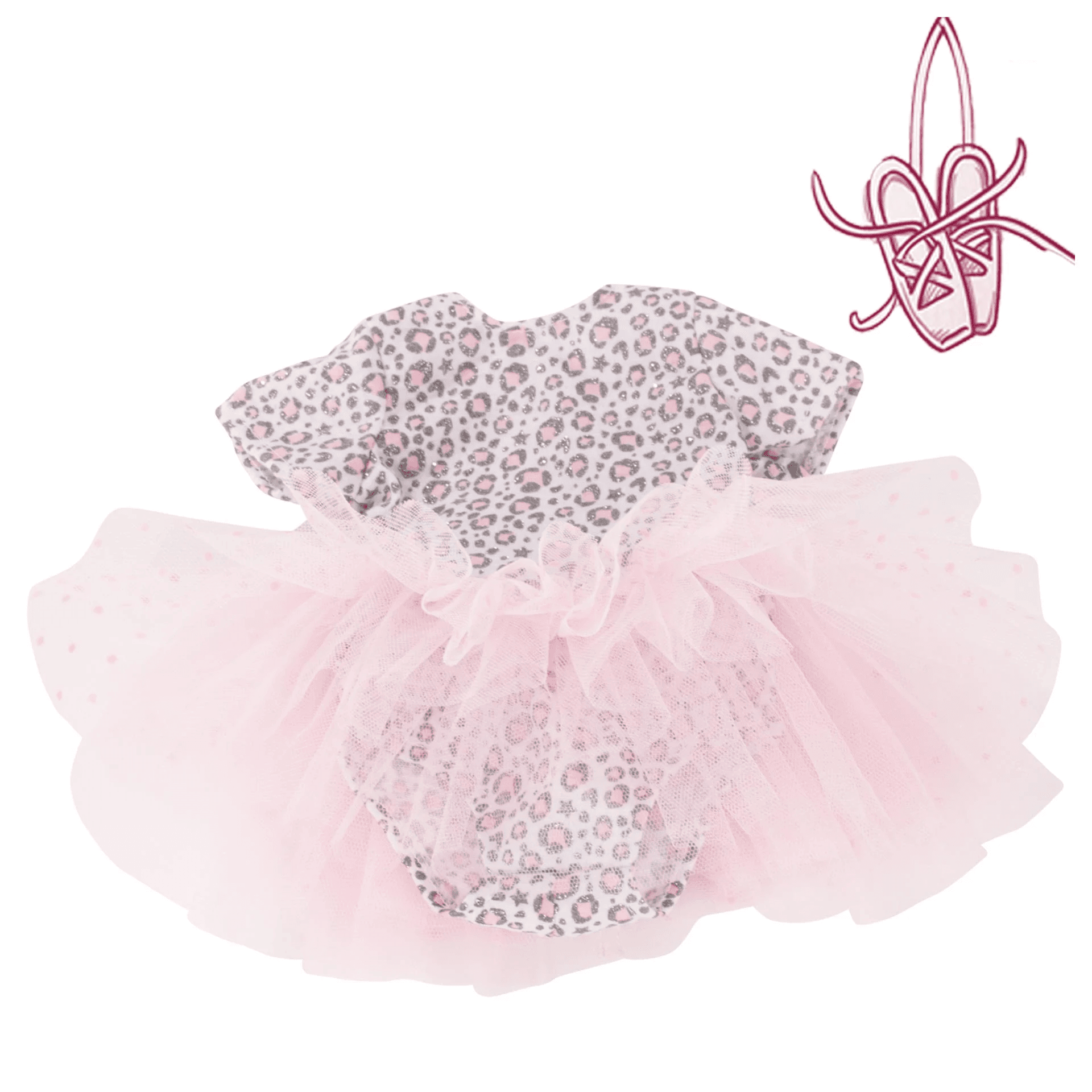Götz - Ballettanzug Schmusekatze Gr. S, glitzernder Leo‑Body mit rosa Tüllrock für Babypuppen 30–33 cm