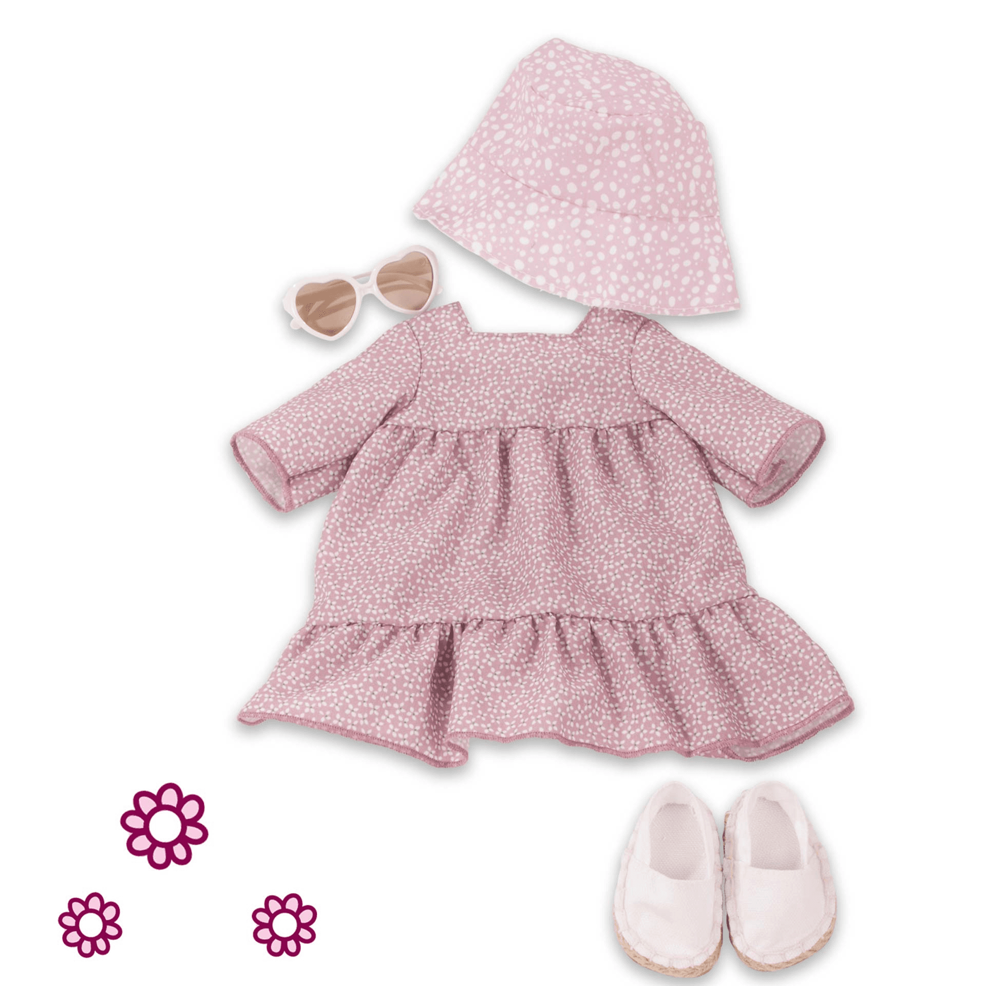Götz - Kombi Blumen XL, 5‑teiliges Sommeroutfit mit Kleid, Hut, Espadrilles & Sonnenbrille für Stehpuppen 45–50 cm