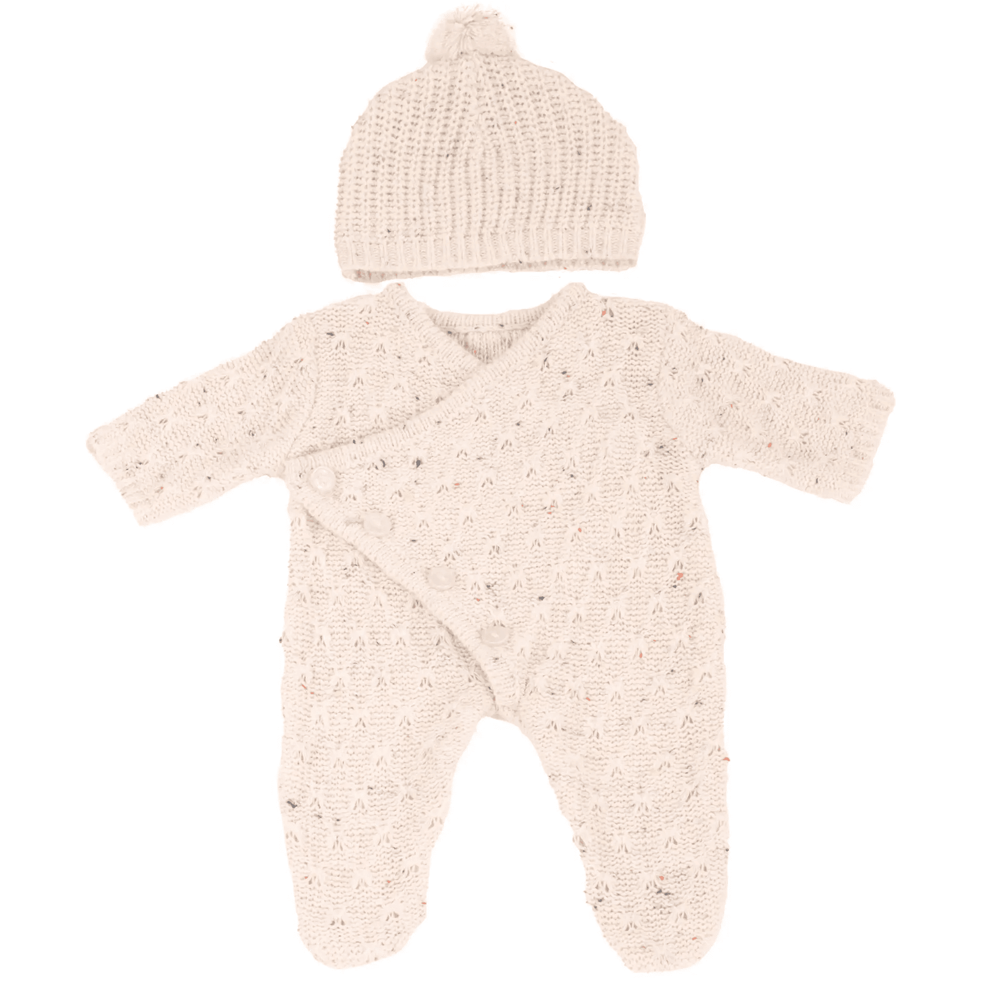 Götz - Kombi Beige Gr. S, 2‑teiliges Strickset mit Wickeloberteil & Bommelmütze für Babypuppen 30–33 cm