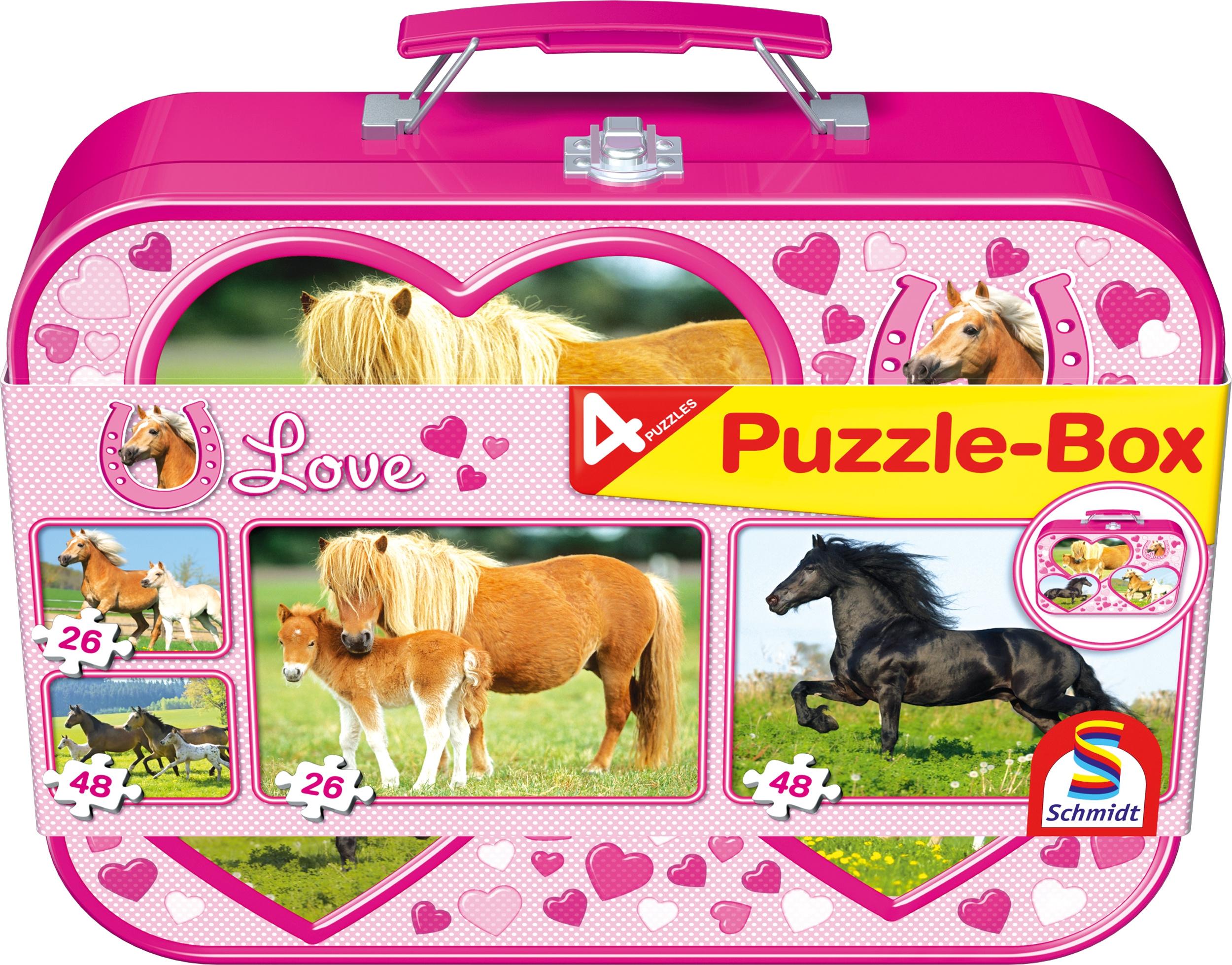 Schmidt Spiele - Puzzle - Puzzle-Box im Metallkoffer - Pferde, 2x26, 2x48 Teile