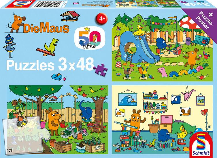 Schmidt Spiele - Kinderpuzzle - Die Maus - Ein Tag mit der Maus, 3x48 Teile