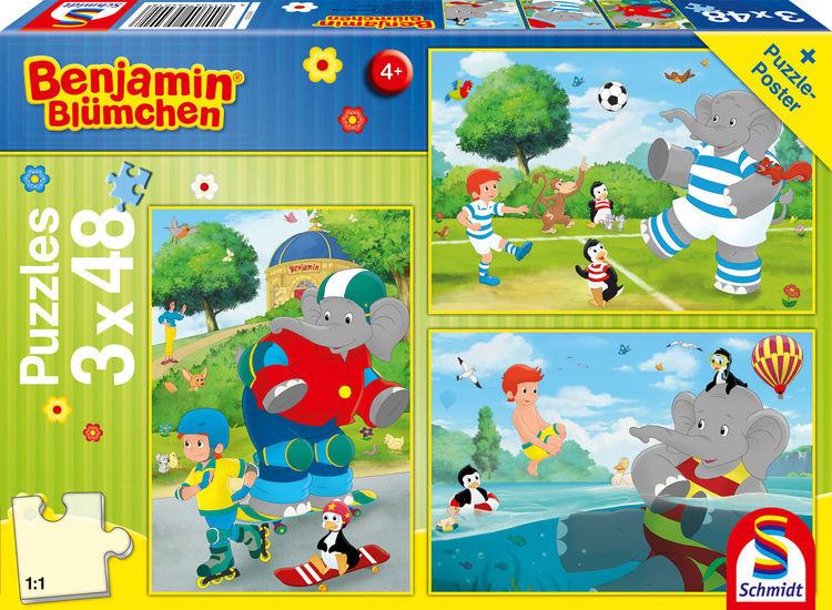 Schmidt Spiele - Kinderpuzzle - Benjamin Blümchen - Sport und Spiel mit Törööö! 3x48 Teile