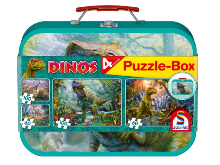 Schmidt Spiele - Kinderpuzzle - Dinos, Puzzle-Box im Metallkoffer, 2x100, 2x60 Teile