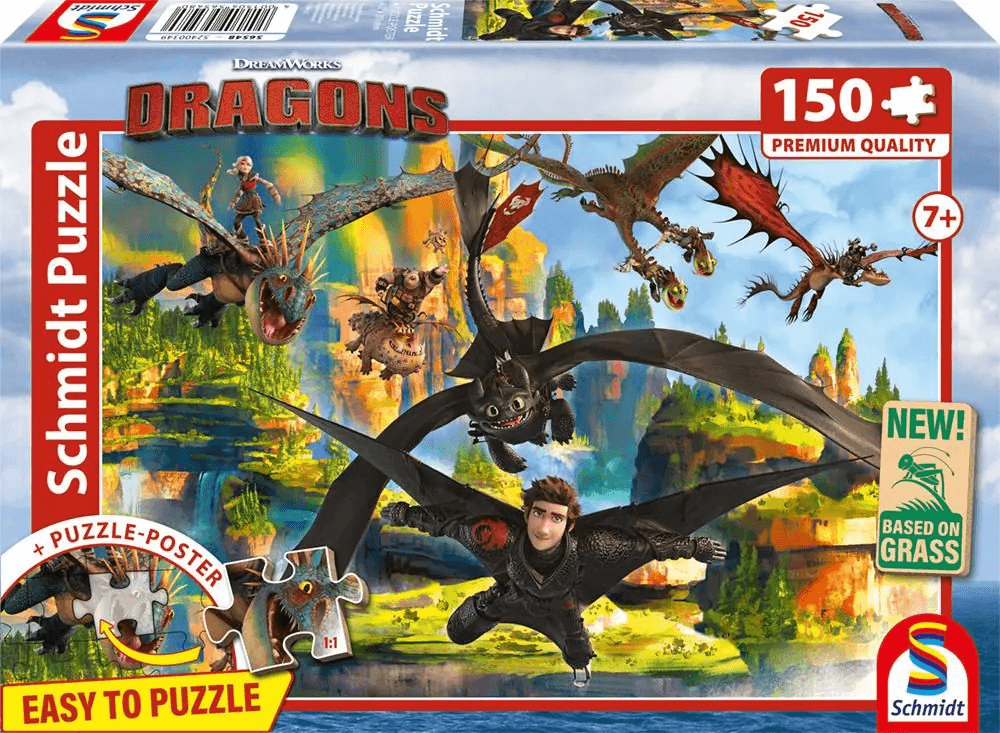 Schmidt Spiele - DRAGONS: Fliegende Drachen, 150 Teile, Eco-Friendly, Gras Kinderpuzzle