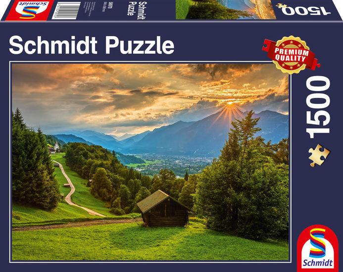 Schmidt Spiele - Erwachsenenpuzzle - Sonnenuntergang über dem Bergdorf Wamberg, 1500 Teile