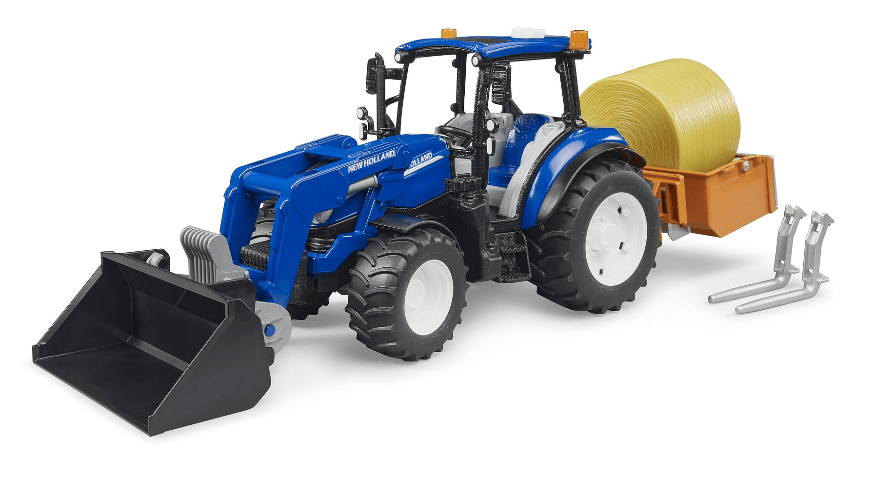 BRUDER - New Holland T5.120 mit Frontlader, Ladekasten, Gabeln und Rundballen