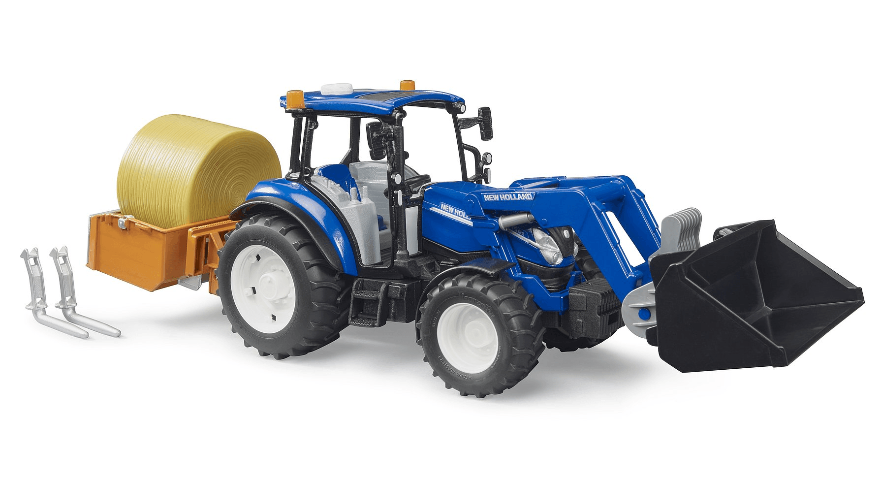 Produktbild BRUDER - New Holland T5.120 mit Frontlader, Ladekasten, Gabeln und Rundballen 5 von 5