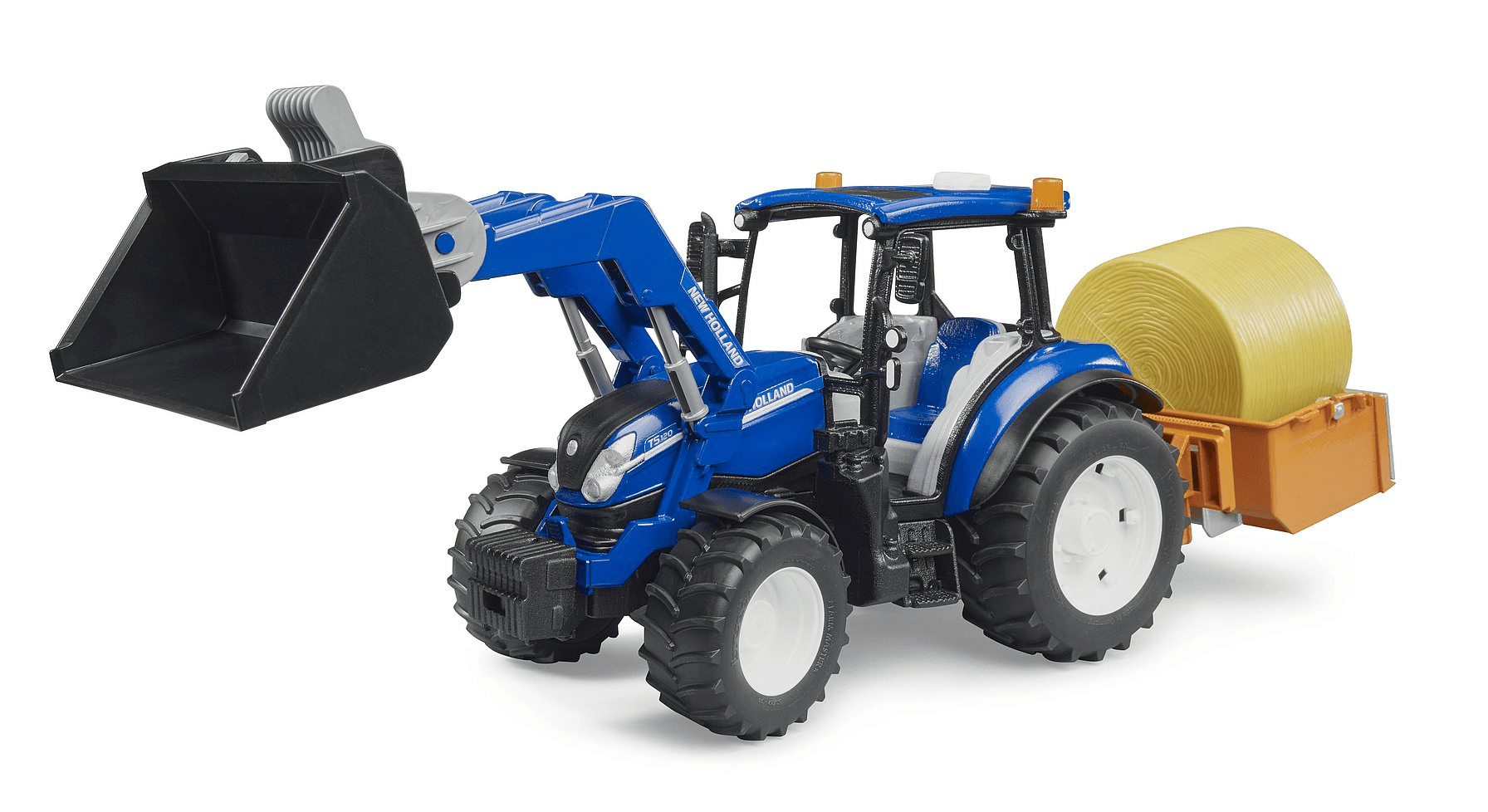 Produktbild BRUDER - New Holland T5.120 mit Frontlader, Ladekasten, Gabeln und Rundballen 4 von 5