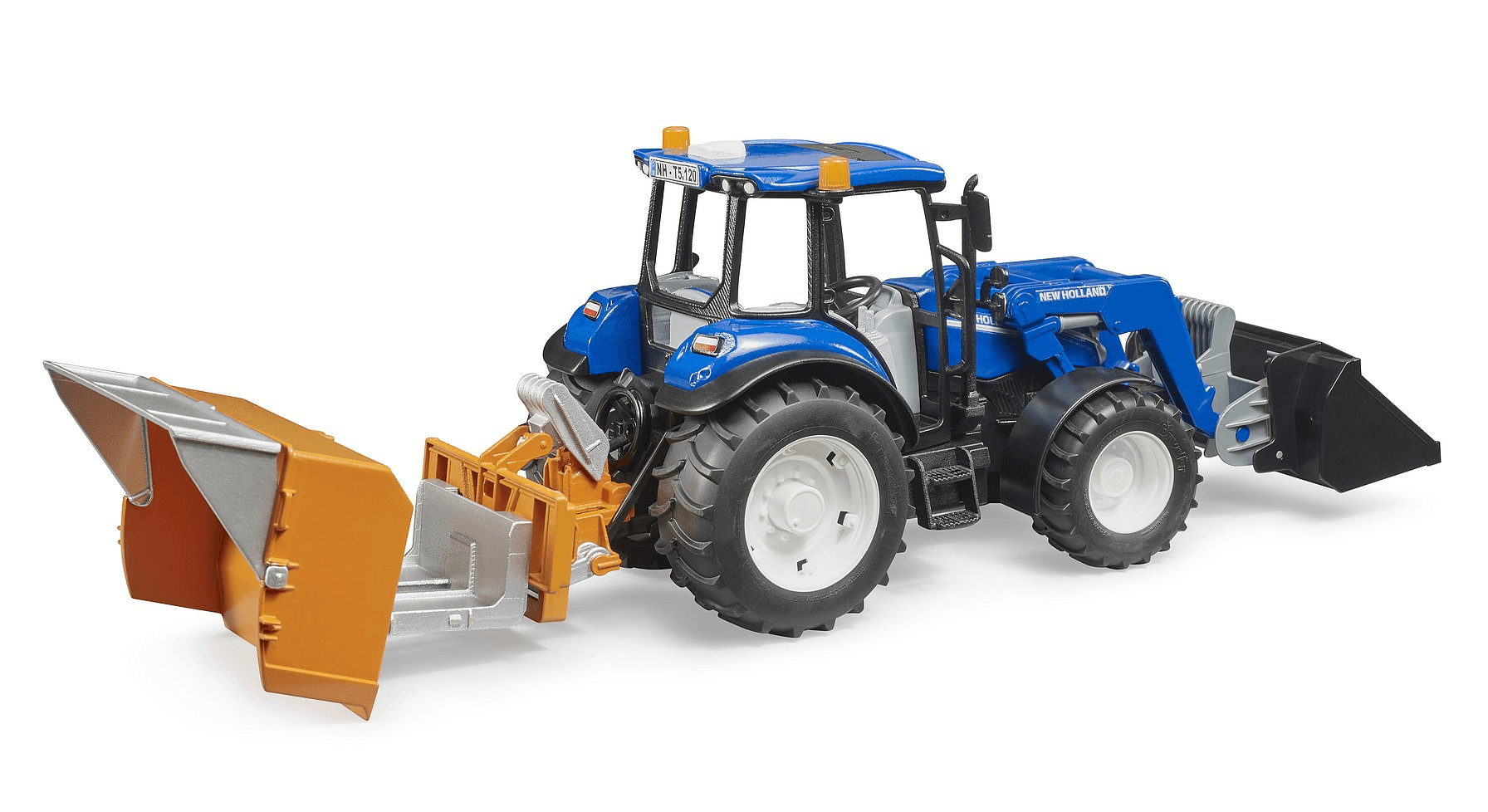 Produktbild BRUDER - New Holland T5.120 mit Frontlader, Ladekasten, Gabeln und Rundballen 3 von 5