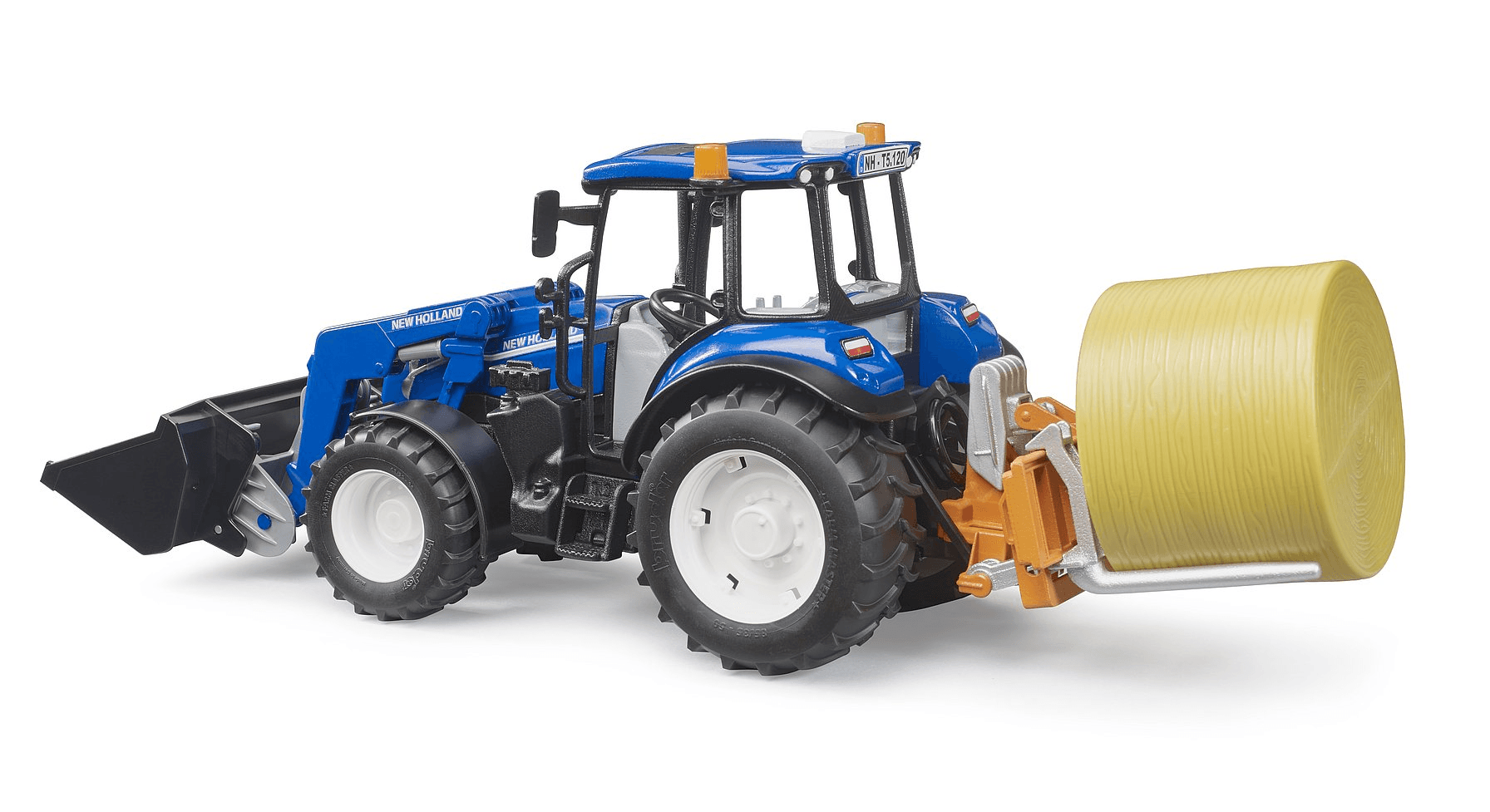Produktbild BRUDER - New Holland T5.120 mit Frontlader, Ladekasten, Gabeln und Rundballen 2 von 5