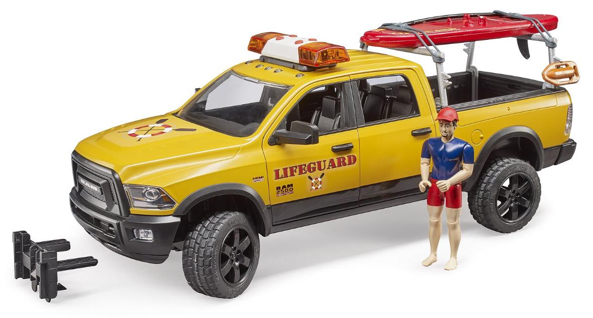 BRUDER - RAM 2500 Power Wagon Life Guard mit Figur, Stand Up Paddle und Light&Sound Modul 02506