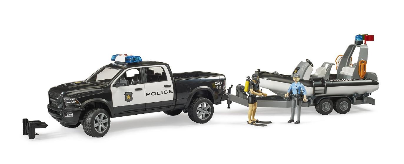 BRUDER - RAM 2500 Polizei Pickup, L+S Modul, Anhänger mit Boot und 2 Figuren 02507