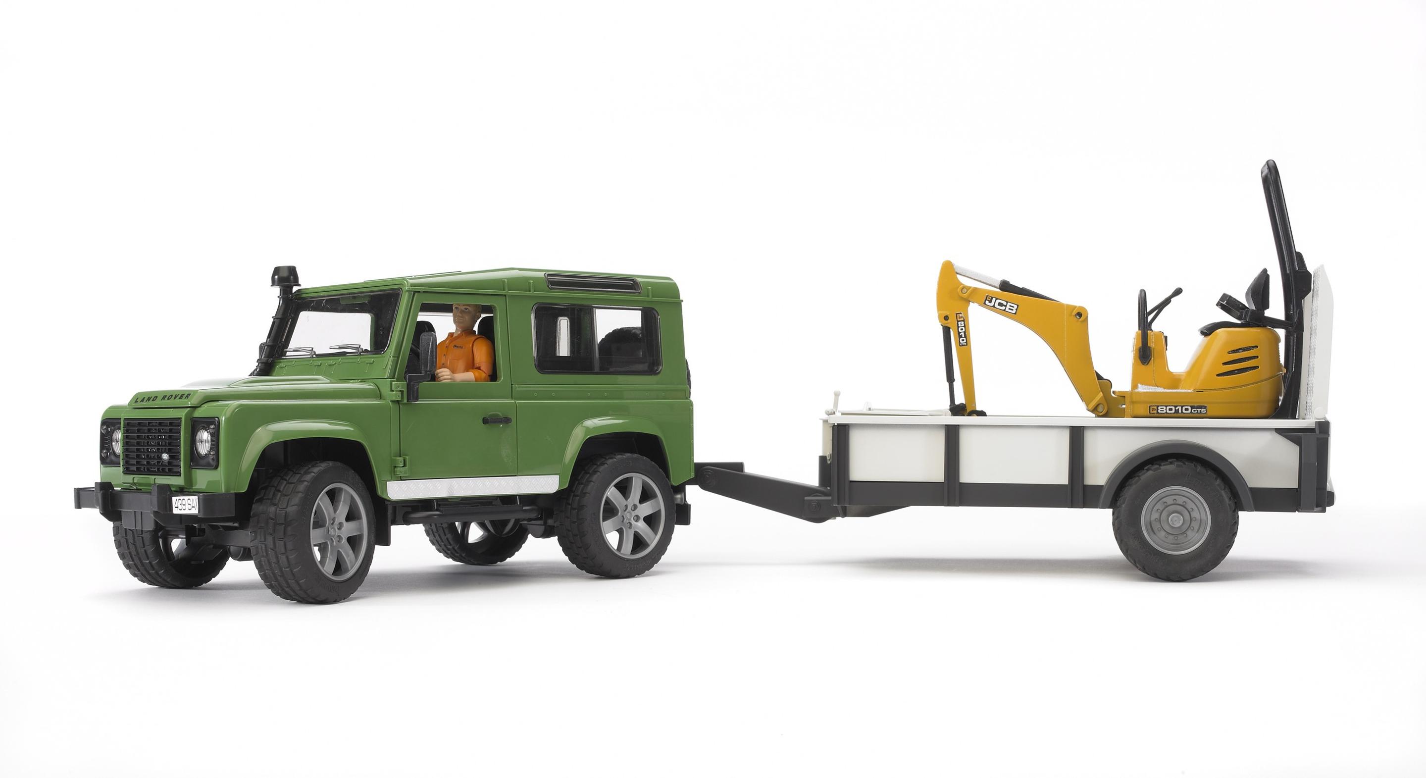 BRUDER - Land Rover Defender, Einachsanhänger, JCB Mikrobagger und Bauarbeiter 02593