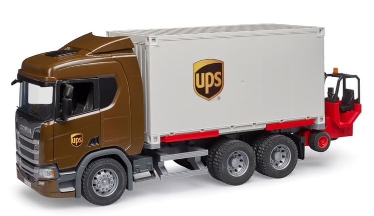 Bruder Scania Super 560R Logístico UPS | Con Carretilla Elevadora | Escala 1:16 | Juguete +4 Años