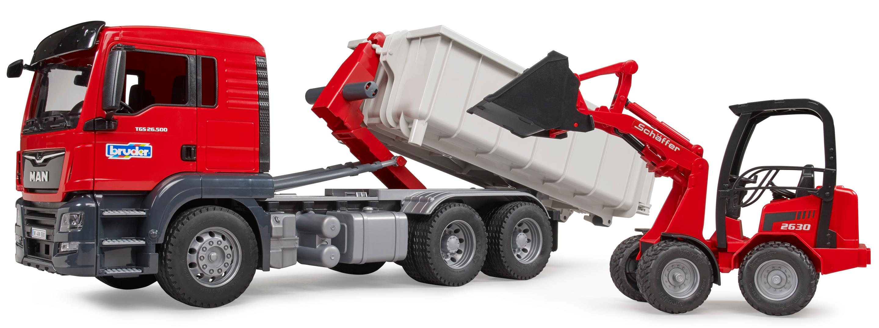 Produktbild BRUDER - MAN TGS LKW mit Abrollcontainer und Schäffer Hoflader 2630, 03767 6 von 8
