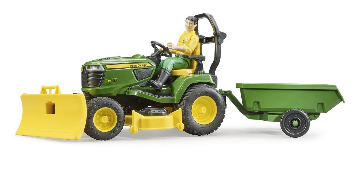 BRUDER - bworld John Deere Rasentraktor mit Anhänger und Gärtner