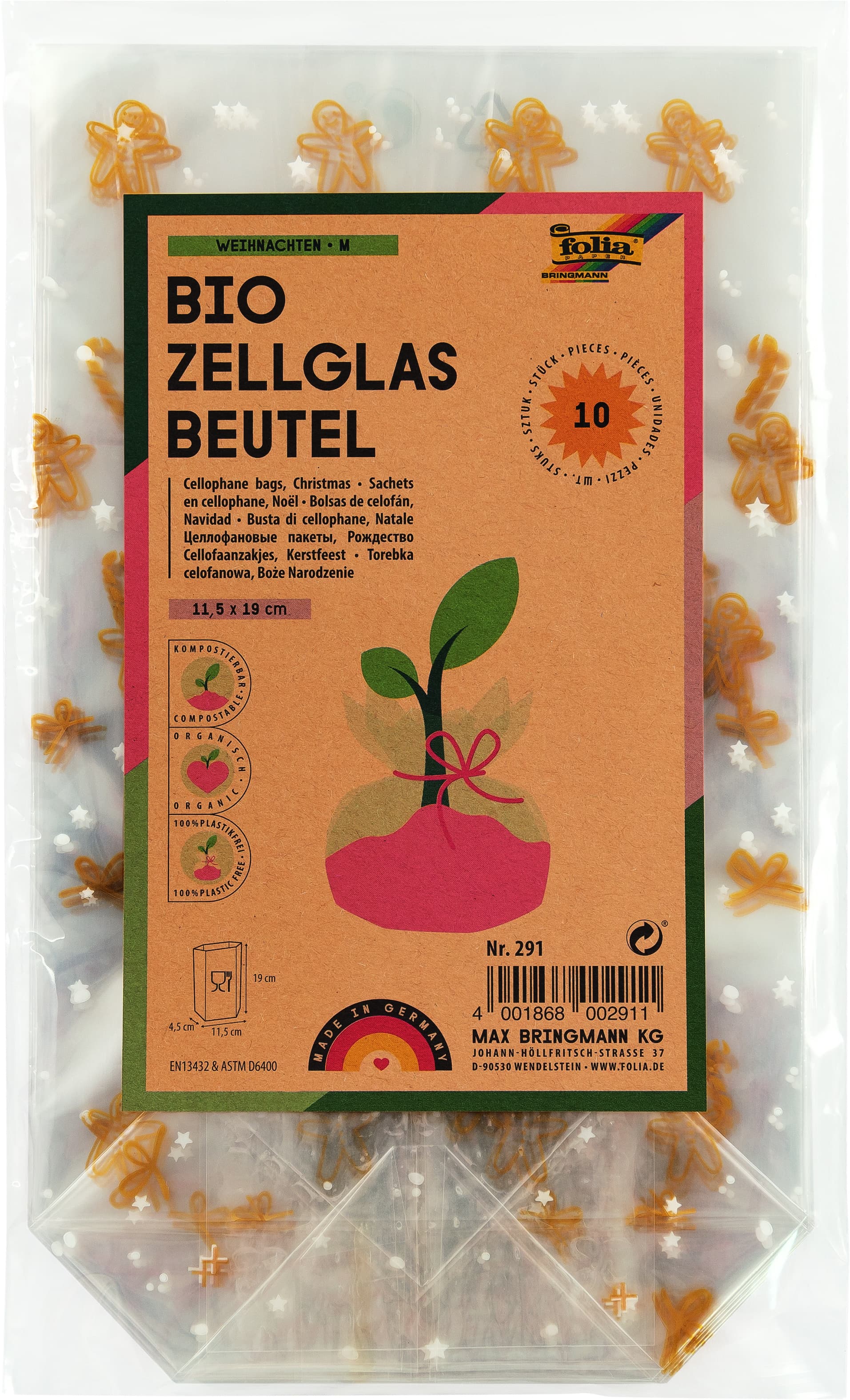 folia Bio Zellglasbeutel mit Weihnachtsdruck M