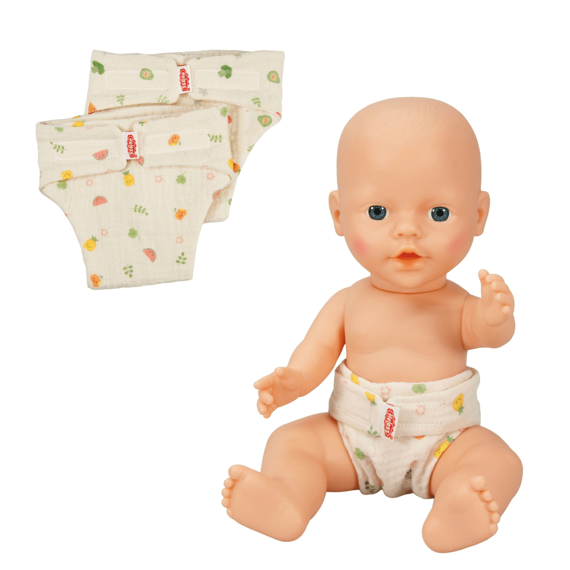 Heless - Musselin Puppen-Stoffwindeln "Freche Früchtchen", 100 % Bio-Baumwolle, Gr. 35-45 cm