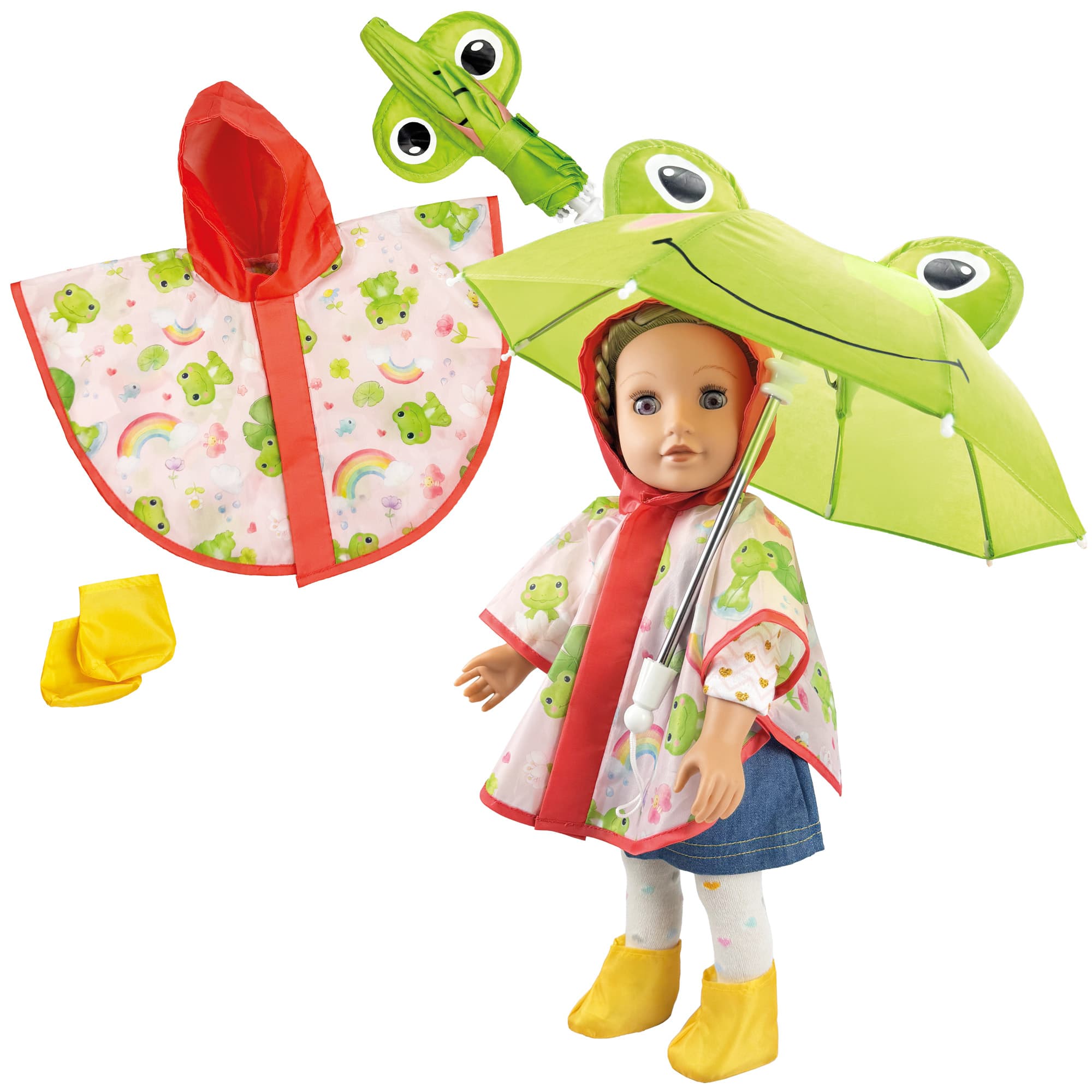 Heless - Puppen-Regen-Set "Froschi Carlo" mit Regenschirm, Regencape und Stiefelchen, Gr. 35-45 cm