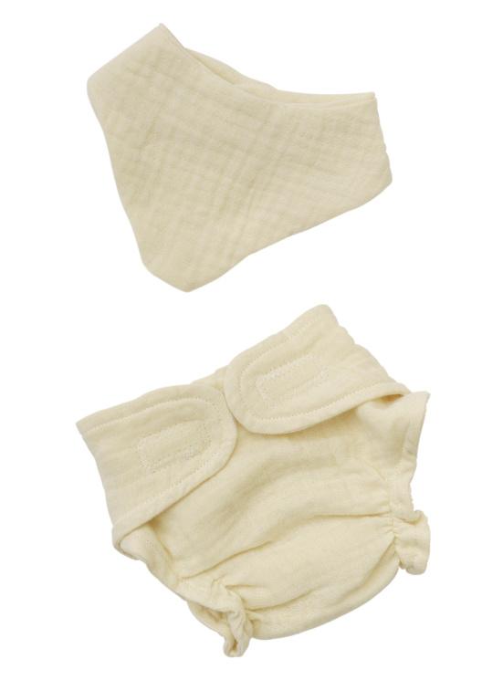 Heless - Puppen-Babyset mit Stoffwindel und Lätzchen aus 100 % Bio-Baumwolle, ecru, 2-teilig, Gr. 28-35 cm